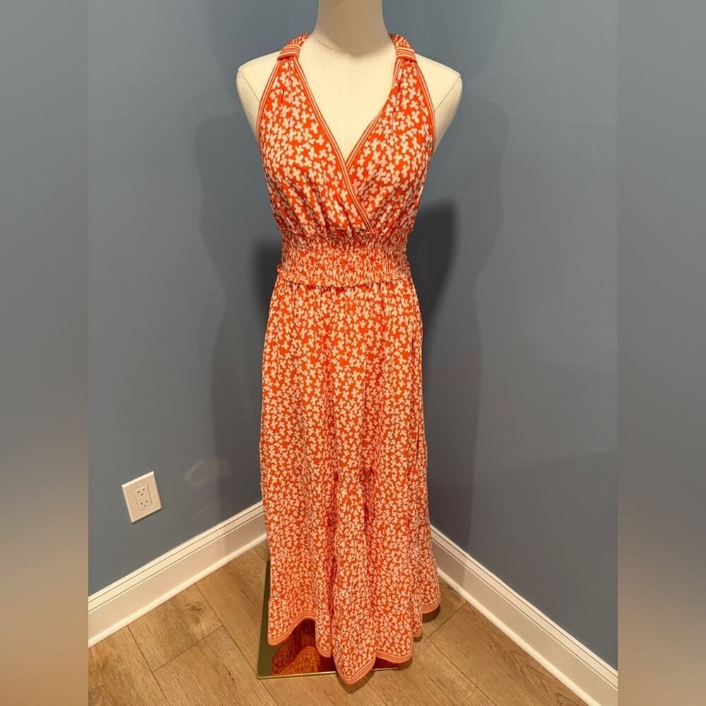 Max Studio London Orange Floral Halter Maxi Dress Smocked Waist NWT Size M - Picture 2 of 9